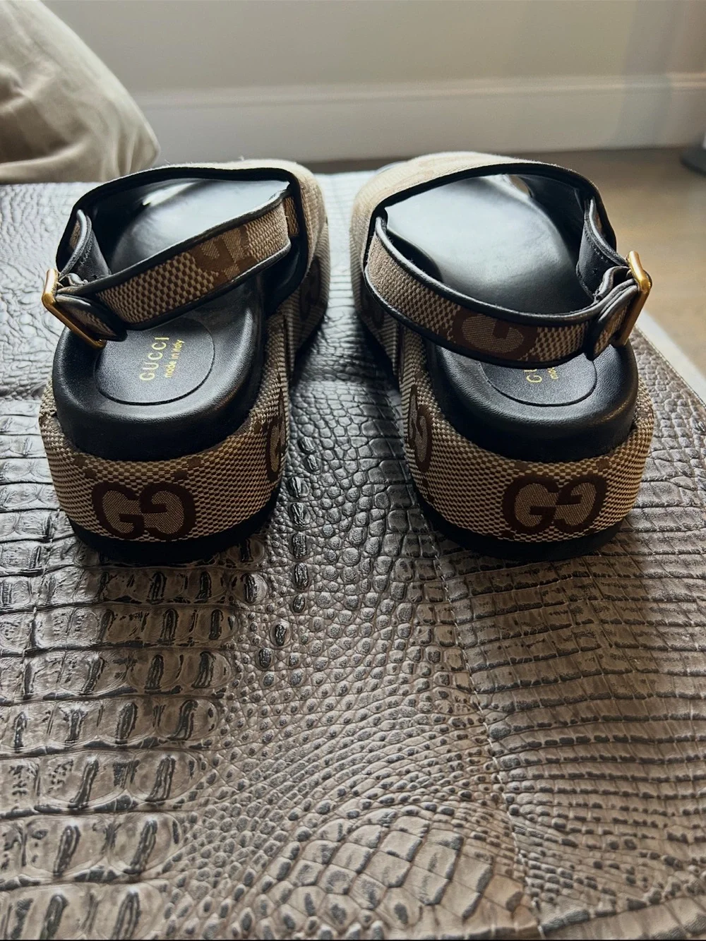 Gucci GG Canvas Slide Sandals with Ankle Strap